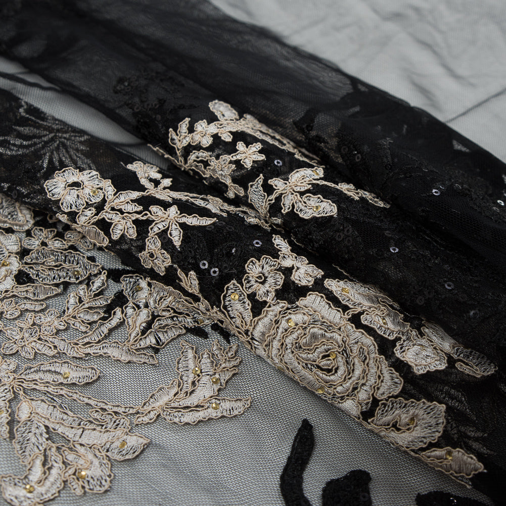 Corded Embroidered Mesh with Sequins - Black and Beige Floral Folded Corded Embroidered Mesh with Sequins - Black and Beige Floral Folded
