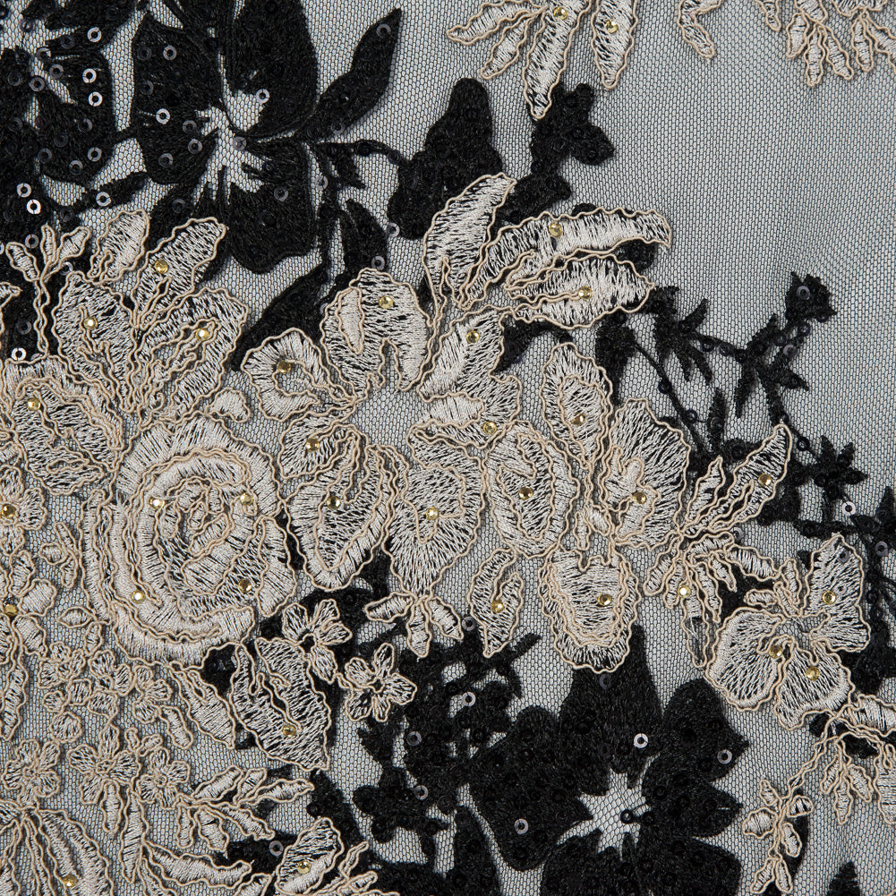 Corded Embroidered Mesh with Sequins - Black and Beige Floral Detail Corded Embroidered Mesh with Sequins - Black and Beige Floral Detail