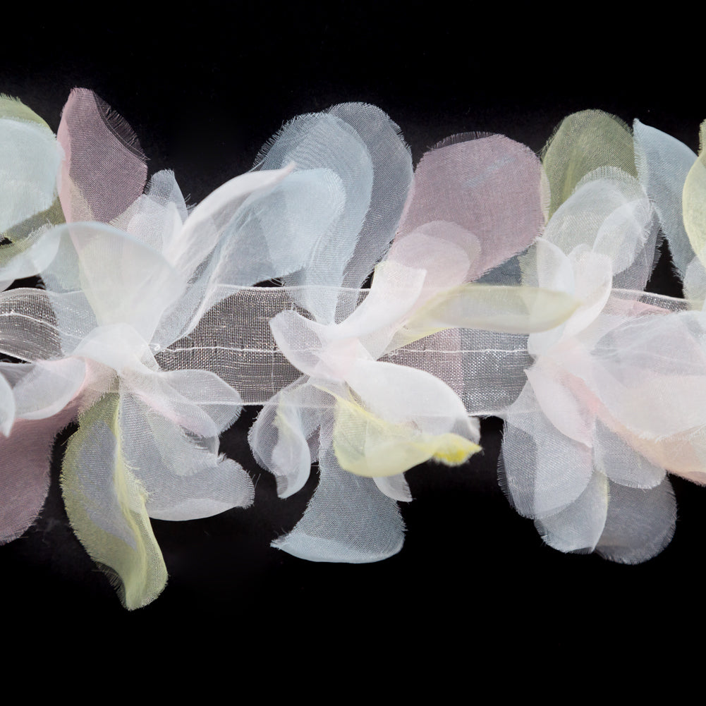 Italian Pastel Pink, Yellow and White 3D Organdy Floral Trim - 4" Detail Italian Pastel Pink, Yellow and White 3D Organdy Floral Trim - 4" Detail