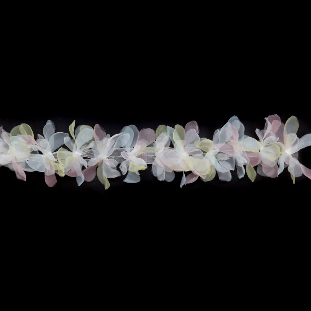 Italian Pastel Pink, Yellow and White 3D Organdy Floral Trim - 4" Italian Pastel Pink, Yellow and White 3D Organdy Floral Trim - 4"