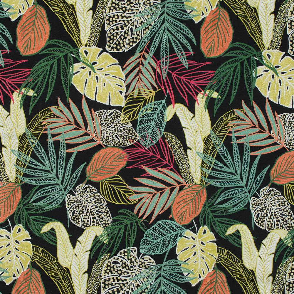 Stretch Cotton Sateen - Black and Green Leaves - Tropikaj Lumoj Print - Mood Exclusive Avenable Collection Stretch Cotton Sateen - Black and Green Leaves - Tropikaj Lumoj Print - Mood Exclusive Avenable Collection