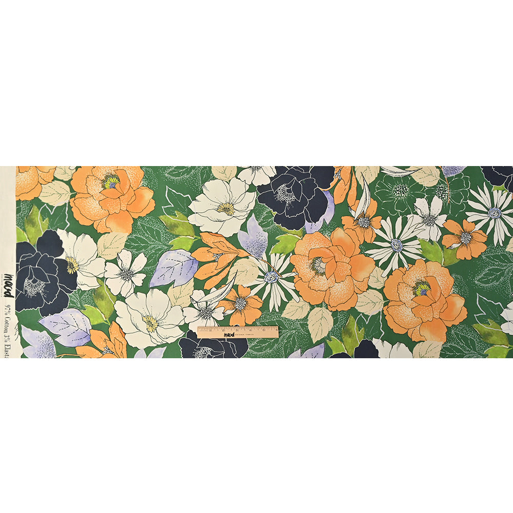 Mood Exclusive Floral Phantasmagoria Green and Orange Stretch Cotton Sateen - Full Mood Exclusive Floral Phantasmagoria Green and Orange Stretch Cotton Sateen - Full