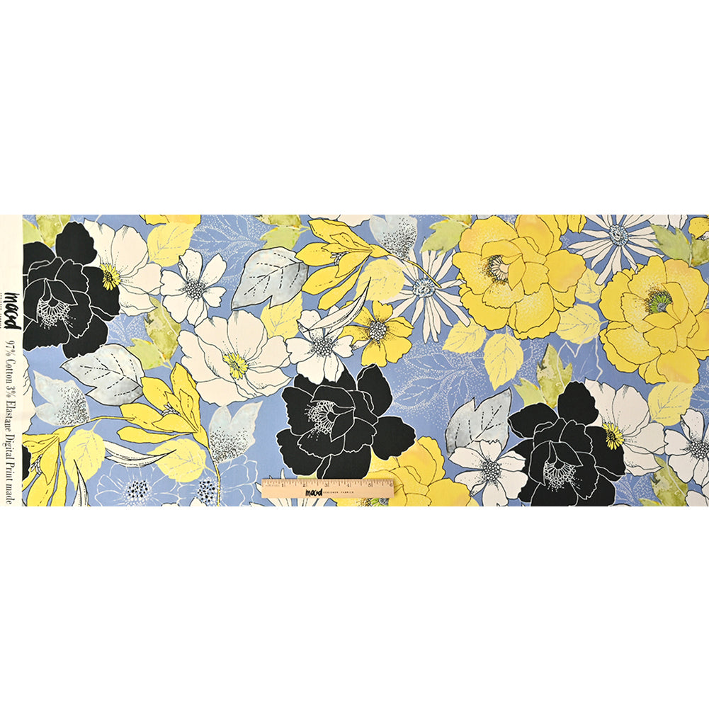 Mood Exclusive Floral Phantasmagoria Sky Blue and Yellow Stretch Cotton Sateen - Full Mood Exclusive Floral Phantasmagoria Sky Blue and Yellow Stretch Cotton Sateen - Full