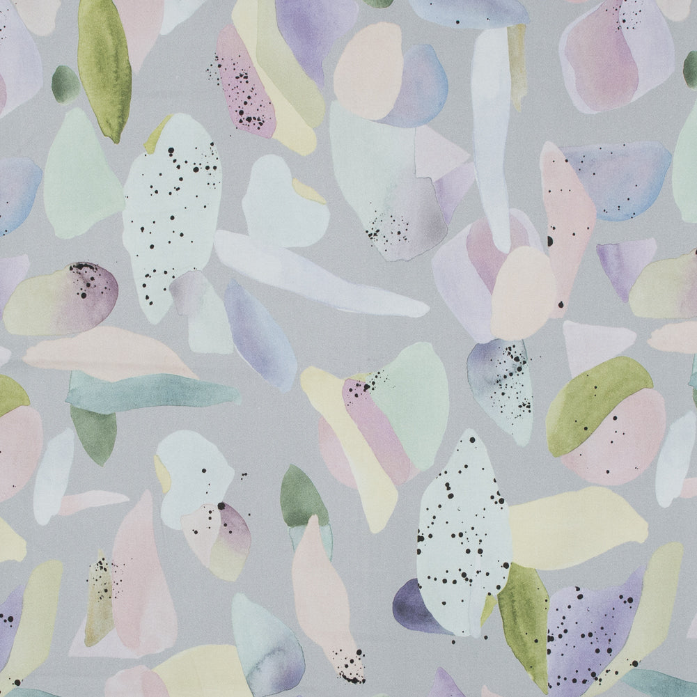 Stretch Cotton Sateen - Silver and Multicolor Abstract Spots - Dappled Duende Print - Mood Exclusive Avenable Collection Stretch Cotton Sateen - Silver and Multicolor Abstract Spots - Dappled Duende Print - Mood Exclusive Avenable Collection