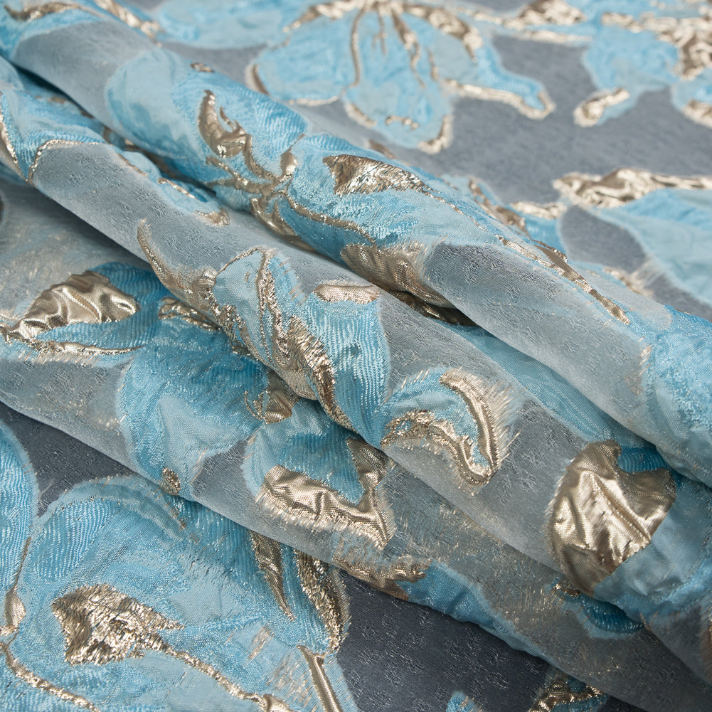 Sky Blue and Metallic Gold Luxury Floral Burnout Brocade - Detail Sky Blue and Metallic Gold Luxury Floral Burnout Brocade - Detail
