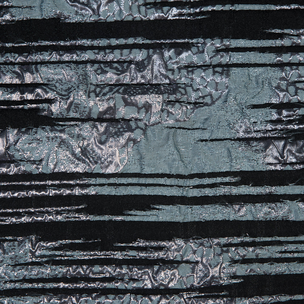 Black and Metallic Stone Blue Luxury Striated Burnout Brocade - Full Black and Metallic Stone Blue Luxury Striated Burnout Brocade - Full