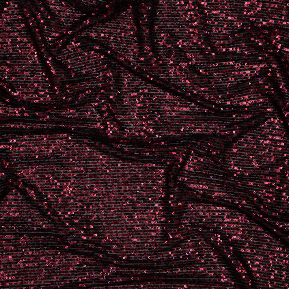 Stretch Mesh with Baby Sequins - Wine Stripes on Black Stretch Mesh with Baby Sequins - Wine Stripes on Black