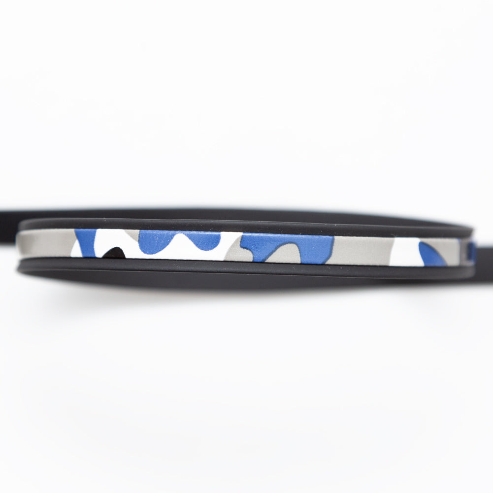 Italian Black and Blue Camouflage Vinyl Striped Rubber Trimming - 0.375" Detail Italian Black and Blue Camouflage Vinyl Striped Rubber Trimming - 0.375" Detail