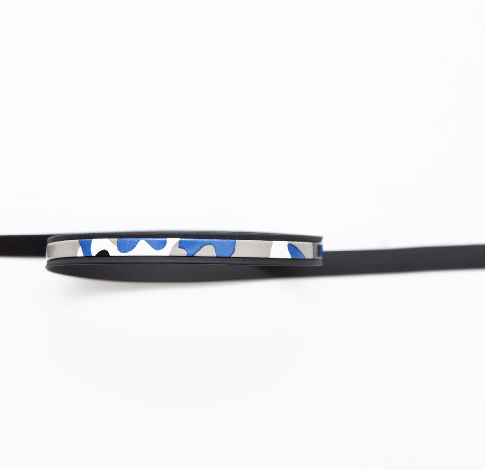 Italian Black and Blue Camouflage Vinyl Striped Rubber Trimming - 0.375" Italian Black and Blue Camouflage Vinyl Striped Rubber Trimming - 0.375"
