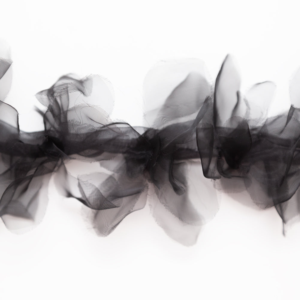 Italian Black 3D Organdy Floral Trim - 4" Detail Italian Black 3D Organdy Floral Trim - 4" Detail