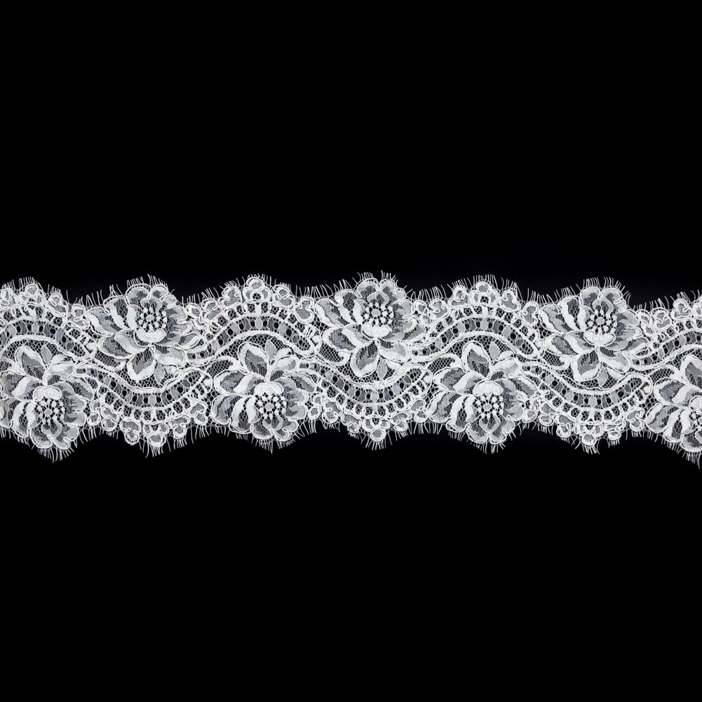 White Floral Corded Lace with Scalloped Eyelash Edges - 4.5 White Floral Corded Lace with Scalloped Eyelash Edges - 4.5