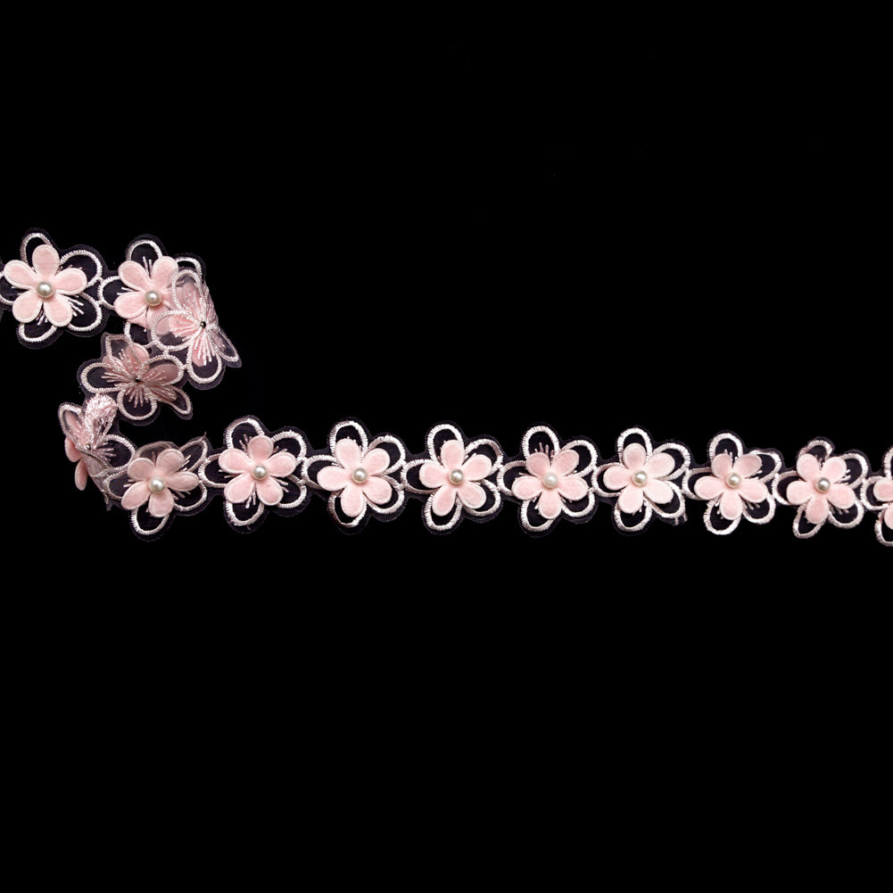 3D Peach Embroidered Organza Floral Pearl Trim - 1.5" 3D Peach Embroidered Organza Floral Pearl Trim - 1.5"