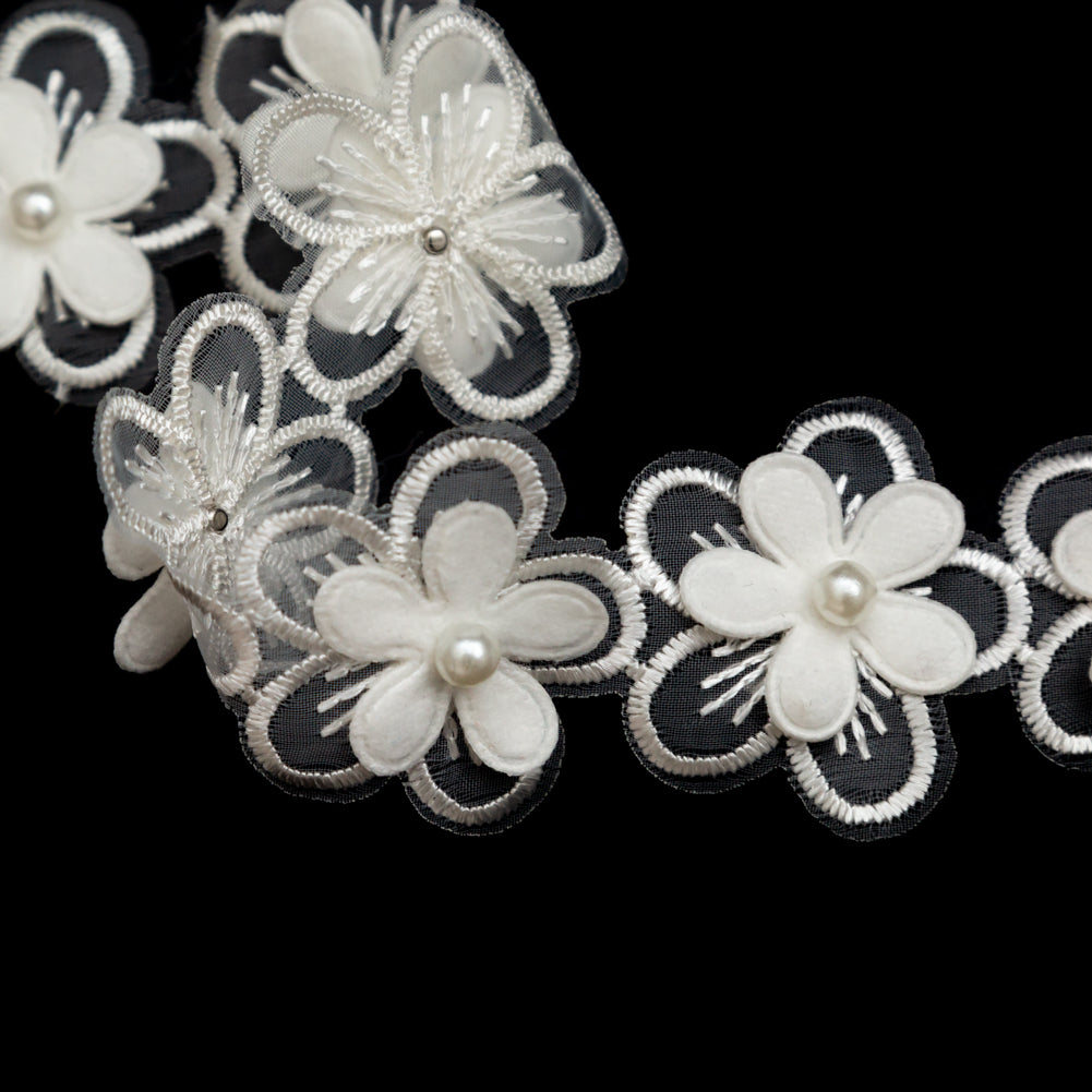 3D Ivory Embroidered Organza Floral Pearl Trim - 1.5 - Detail 3D Ivory Embroidered Organza Floral Pearl Trim - 1.5 - Detail