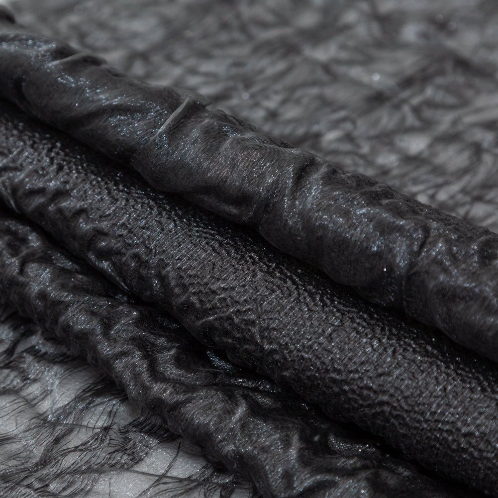 Metallic Double Layer Organza - Black and Silver Iridescent Stripes Detail Metallic Double Layer Organza - Black and Silver Iridescent Stripes Detail