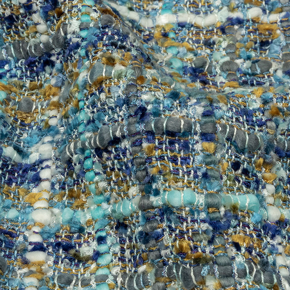 Newcastle Sky, Royal, and Mustard Viscose and Acrylic Chenille Tweed - Folded Newcastle Sky, Royal, and Mustard Viscose and Acrylic Chenille Tweed - Folded
