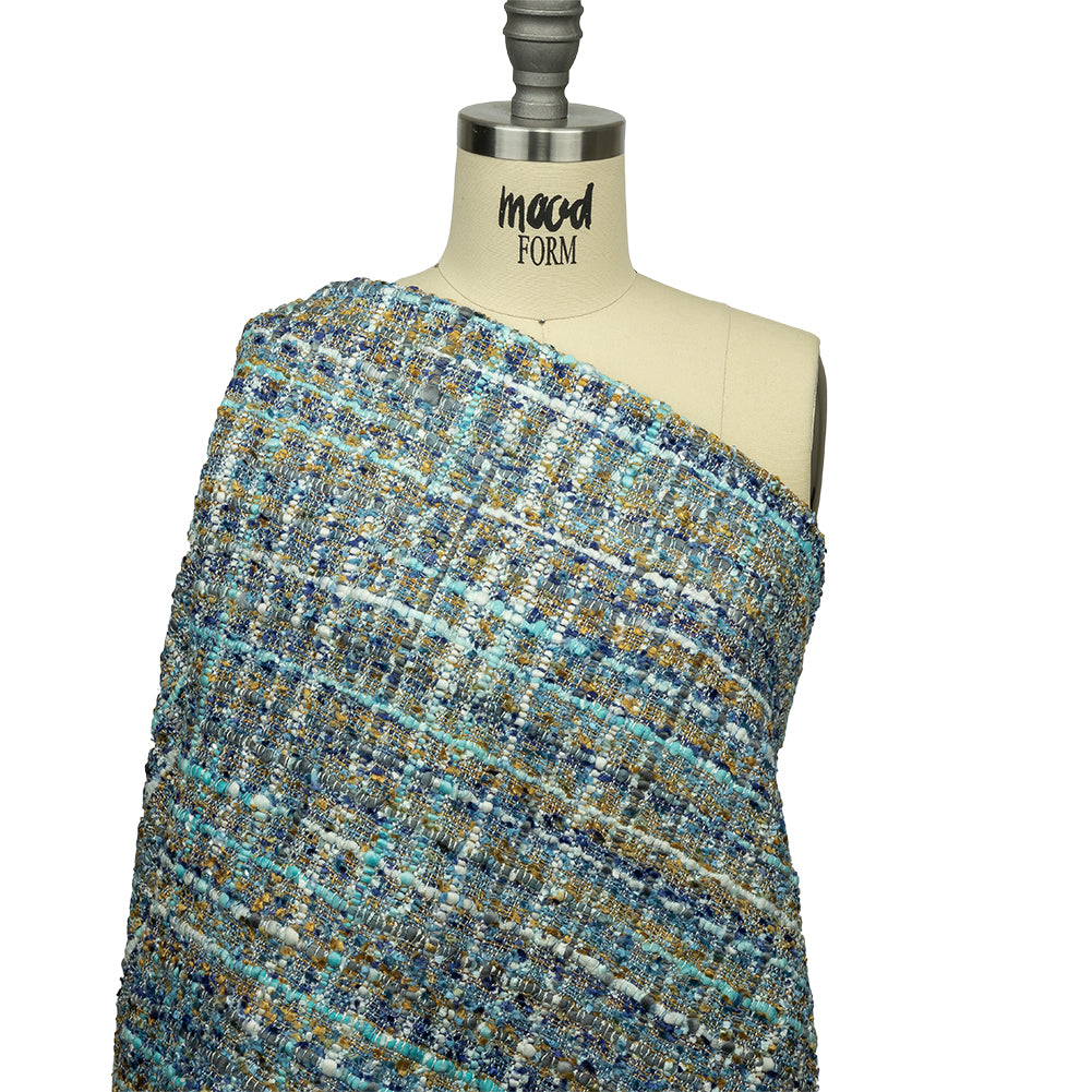 Newcastle Sky, Royal, and Mustard Viscose and Acrylic Chenille Tweed - Detail Newcastle Sky, Royal, and Mustard Viscose and Acrylic Chenille Tweed - Detail