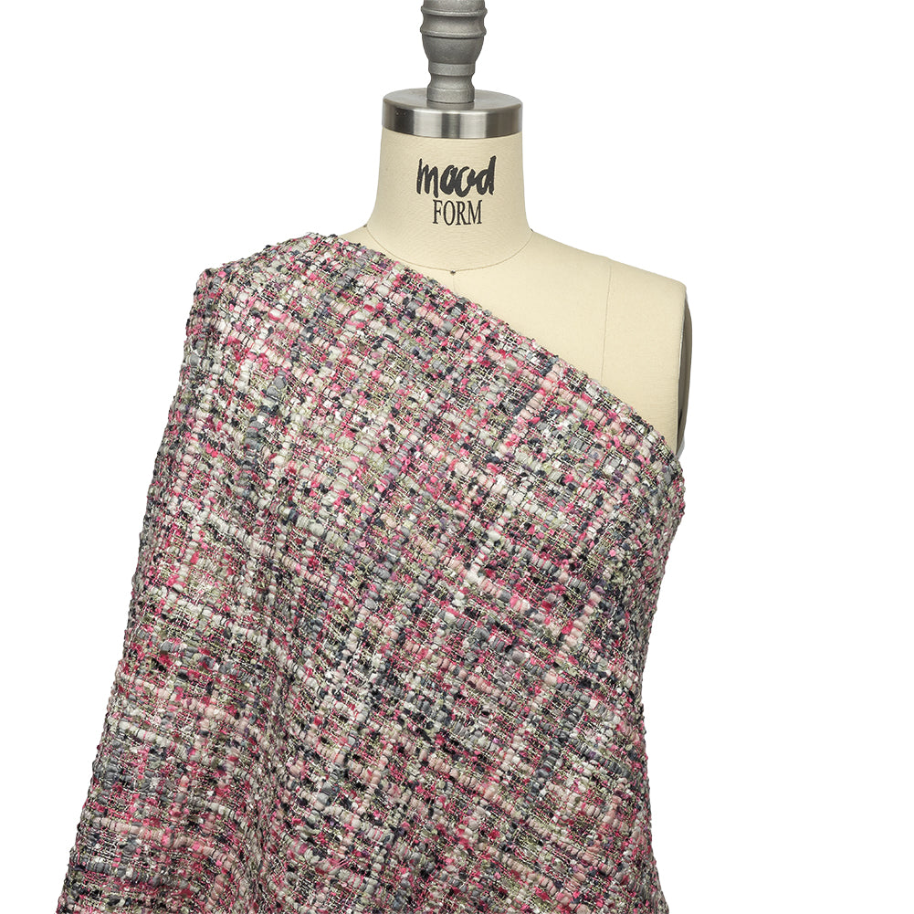 Newcastle Gray, Reseda and Orchid Pink Viscose and Acrylic Chenille Tweed - Detail Newcastle Gray, Reseda and Orchid Pink Viscose and Acrylic Chenille Tweed - Detail
