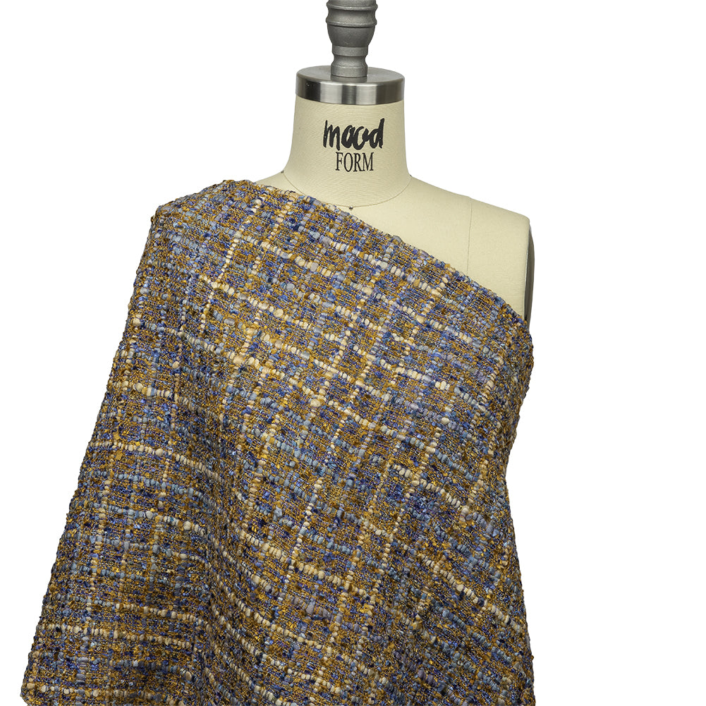 Newcastle Blue and Mustard Metallic Viscose and Acrylic Chenille Tweed - Detail Newcastle Blue and Mustard Metallic Viscose and Acrylic Chenille Tweed - Detail