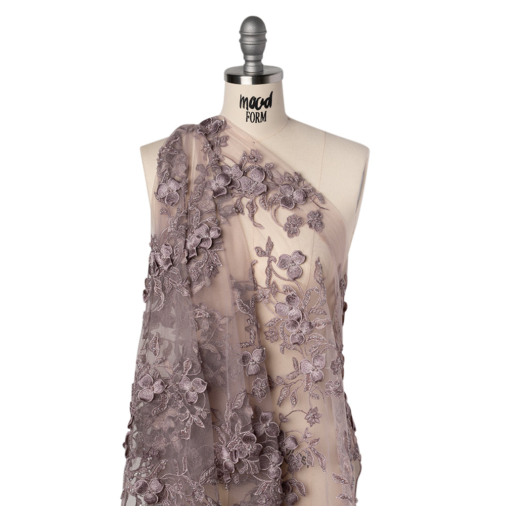 3D Embroidered Lace with Beads and Scalloped Edges - Lilac Floral 3D Embroidered Lace with Beads and Scalloped Edges - Lilac Floral