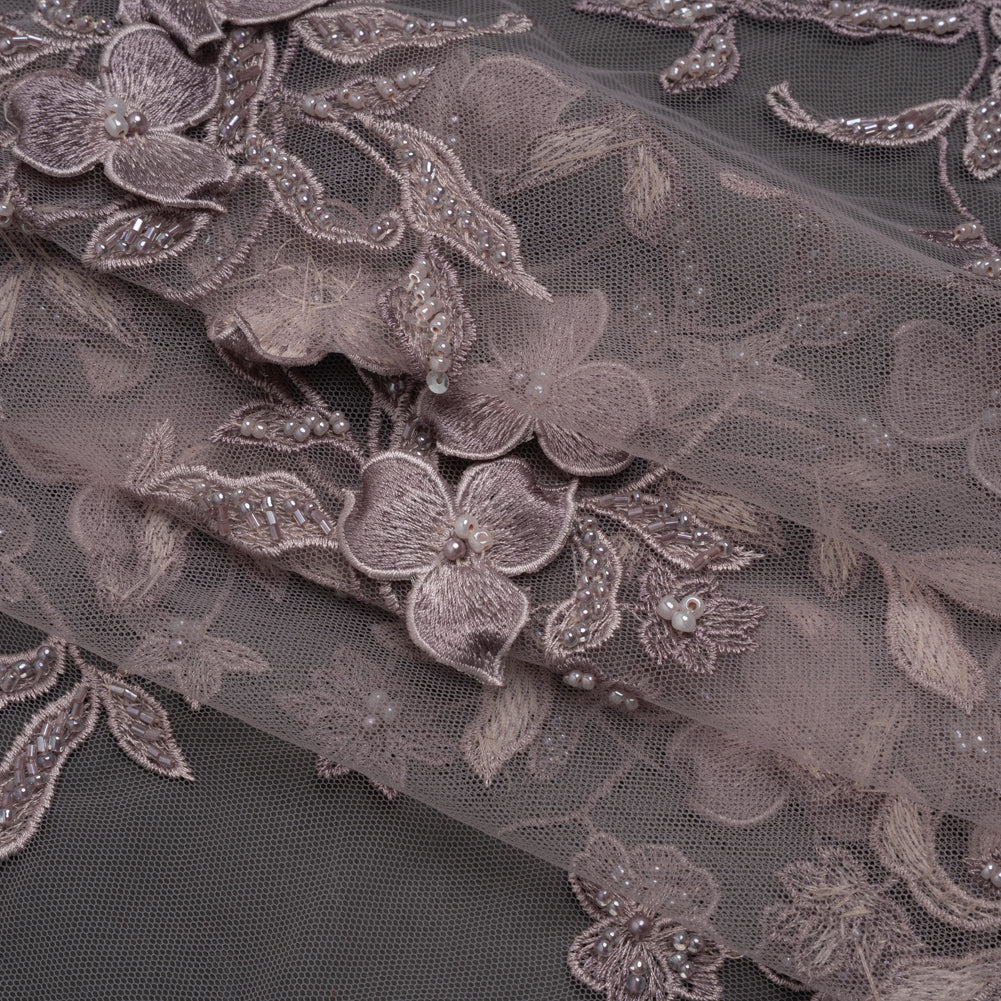 3D Embroidered Lace with Beads and Scalloped Edges - Lilac Floral 3D Embroidered Lace with Beads and Scalloped Edges - Lilac Floral