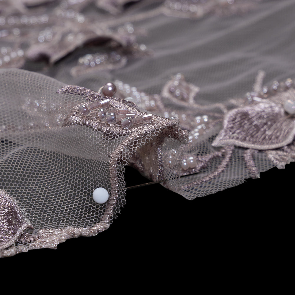 3D Embroidered Lace with Beads and Scalloped Edges - Lilac Floral 3D Embroidered Lace with Beads and Scalloped Edges - Lilac Floral