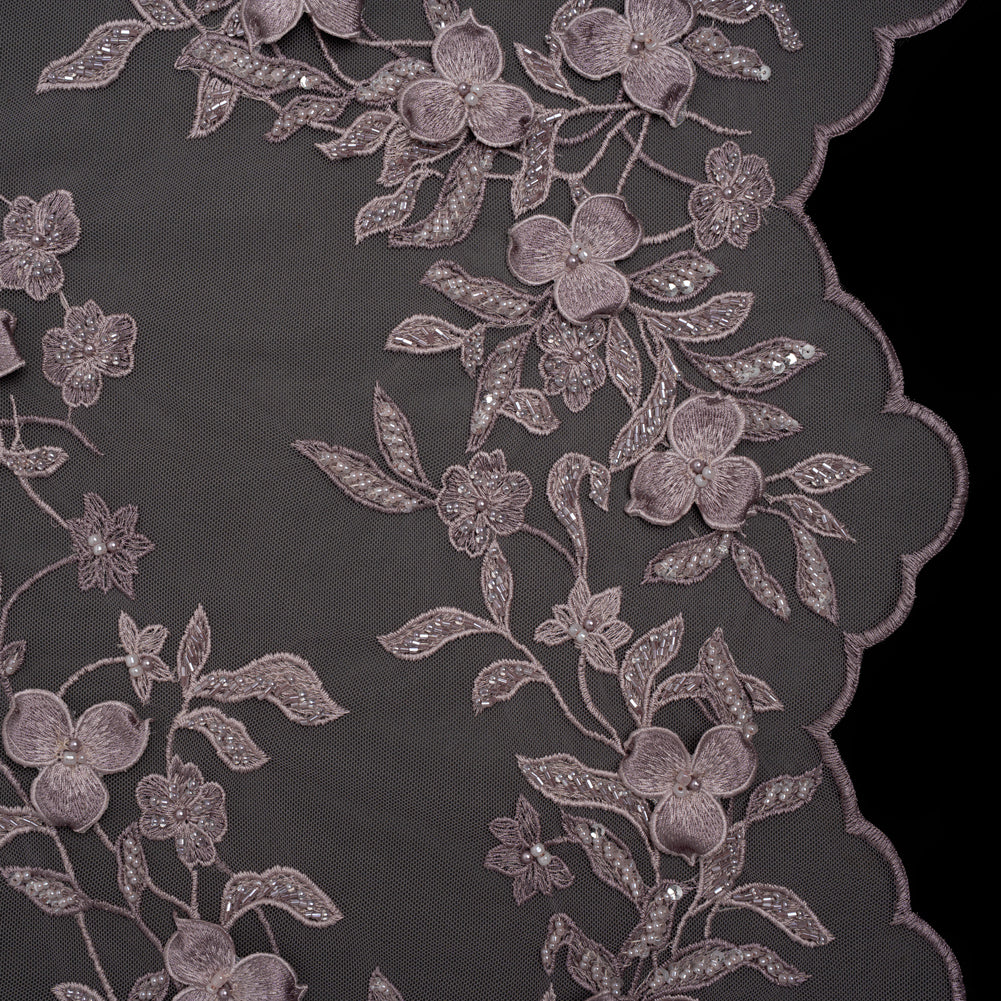 3D Embroidered Lace with Beads and Scalloped Edges - Lilac Floral 3D Embroidered Lace with Beads and Scalloped Edges - Lilac Floral