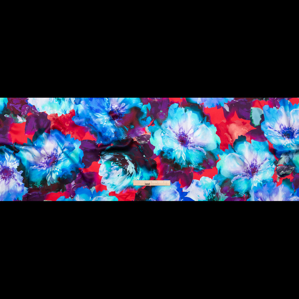 Italian Blue Windsor Wine and Purple Painterly Floral Digitally Printed Silk Charmeuse - Folded Italian Blue Windsor Wine and Purple Painterly Floral Digitally Printed Silk Charmeuse - Folded