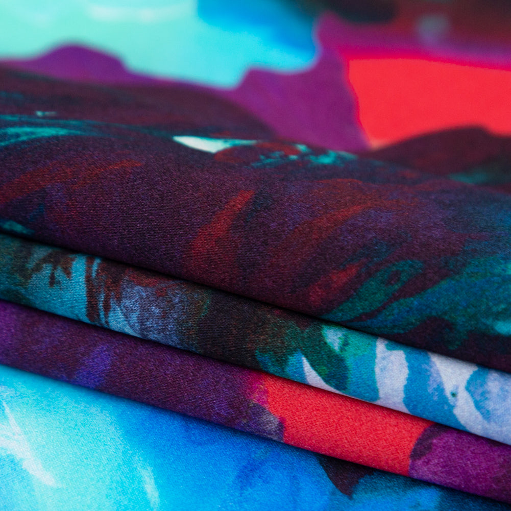 Italian Blue Windsor Wine and Purple Painterly Floral Digitally Printed Silk Charmeuse - Detail Italian Blue Windsor Wine and Purple Painterly Floral Digitally Printed Silk Charmeuse - Detail