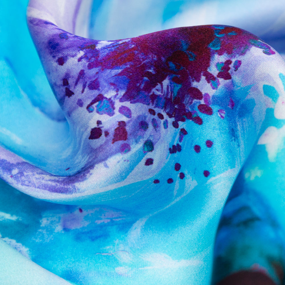 Italian Blue Windsor Wine and Purple Painterly Floral Digitally Printed Silk Charmeuse - Full Italian Blue Windsor Wine and Purple Painterly Floral Digitally Printed Silk Charmeuse - Full