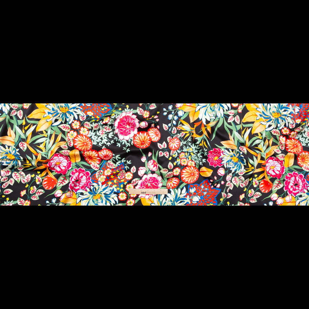 Mood Exclusive Italian Black, Green and Tangerine Floral Digitally Printed Silk Charmeuse Folded Mood Exclusive Italian Black, Green and Tangerine Floral Digitally Printed Silk Charmeuse Folded