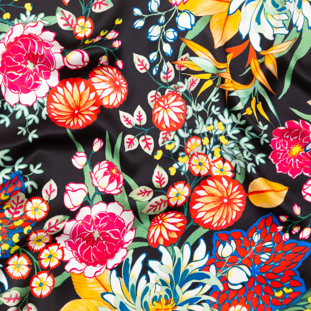 Mood Exclusive Italian Black, Green and Tangerine Floral Digitally Printed Silk Charmeuse Mood Exclusive Italian Black, Green and Tangerine Floral Digitally Printed Silk Charmeuse