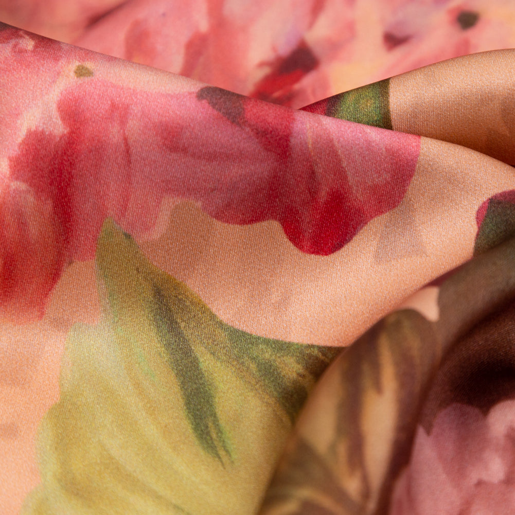 Italian Dusty Rose and Pompeian Red Painterly Floral Digitally Printed Silk Charmeuse - Full Italian Dusty Rose and Pompeian Red Painterly Floral Digitally Printed Silk Charmeuse - Full