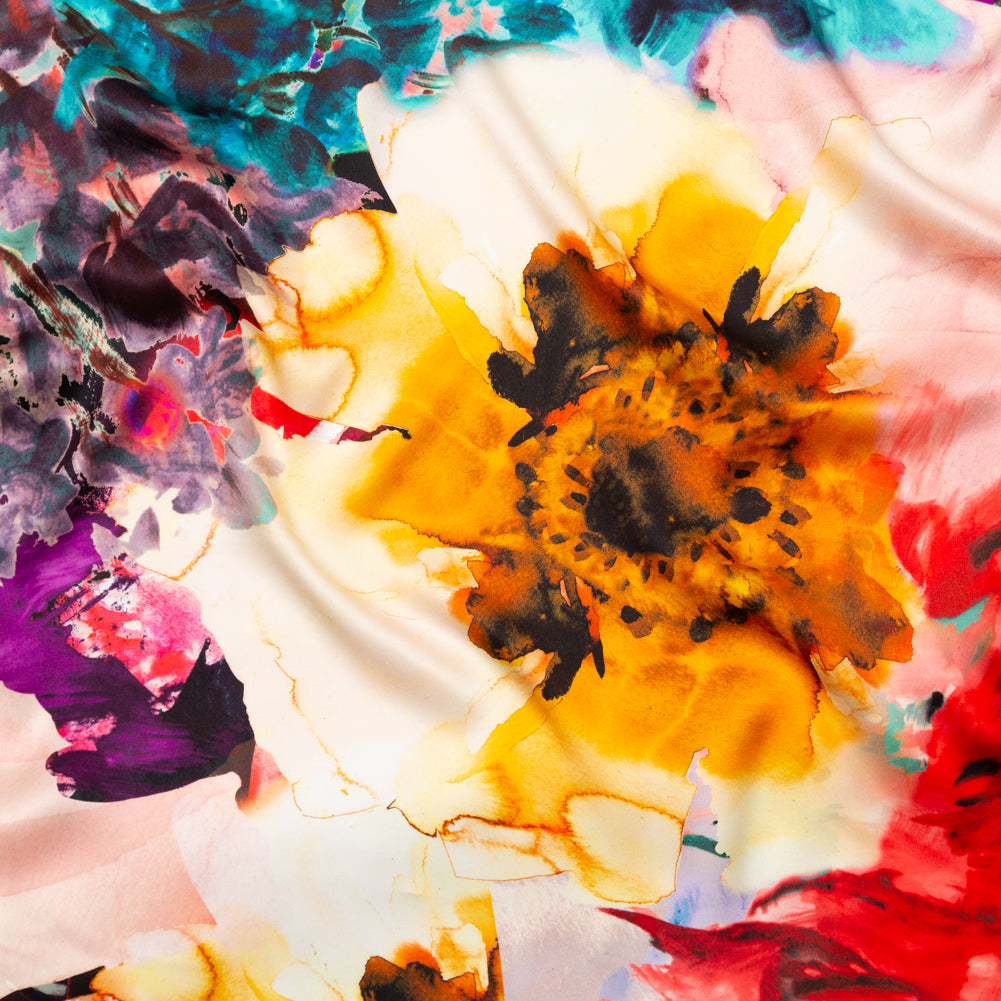 Italian Red, Mustard and Teal Abstract Floral Silk Charmeuse Italian Red, Mustard and Teal Abstract Floral Silk Charmeuse