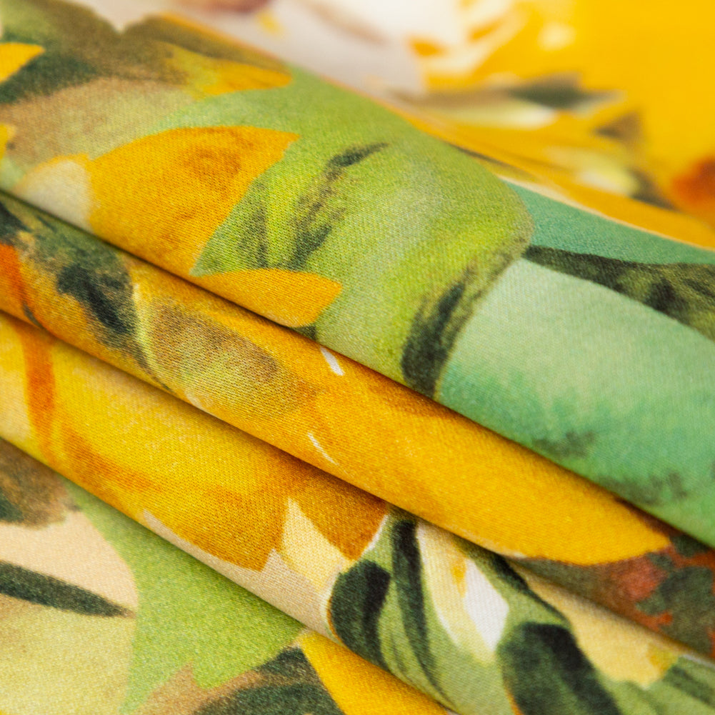 Italian Yellow and Green Sunflowers Digitally Printed Silk Charmeuse - Detail Italian Yellow and Green Sunflowers Digitally Printed Silk Charmeuse - Detail