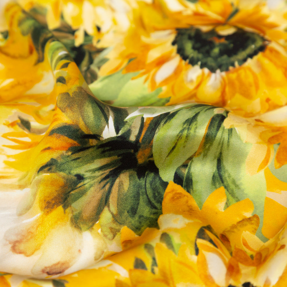 Italian Yellow and Green Sunflowers Digitally Printed Silk Charmeuse - Full Italian Yellow and Green Sunflowers Digitally Printed Silk Charmeuse - Full