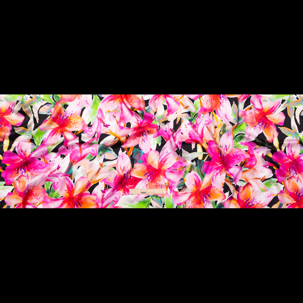Italian Pink and Black Watercolor Floral Digitally Printed Silk Charmeuse - Folded Italian Pink and Black Watercolor Floral Digitally Printed Silk Charmeuse - Folded