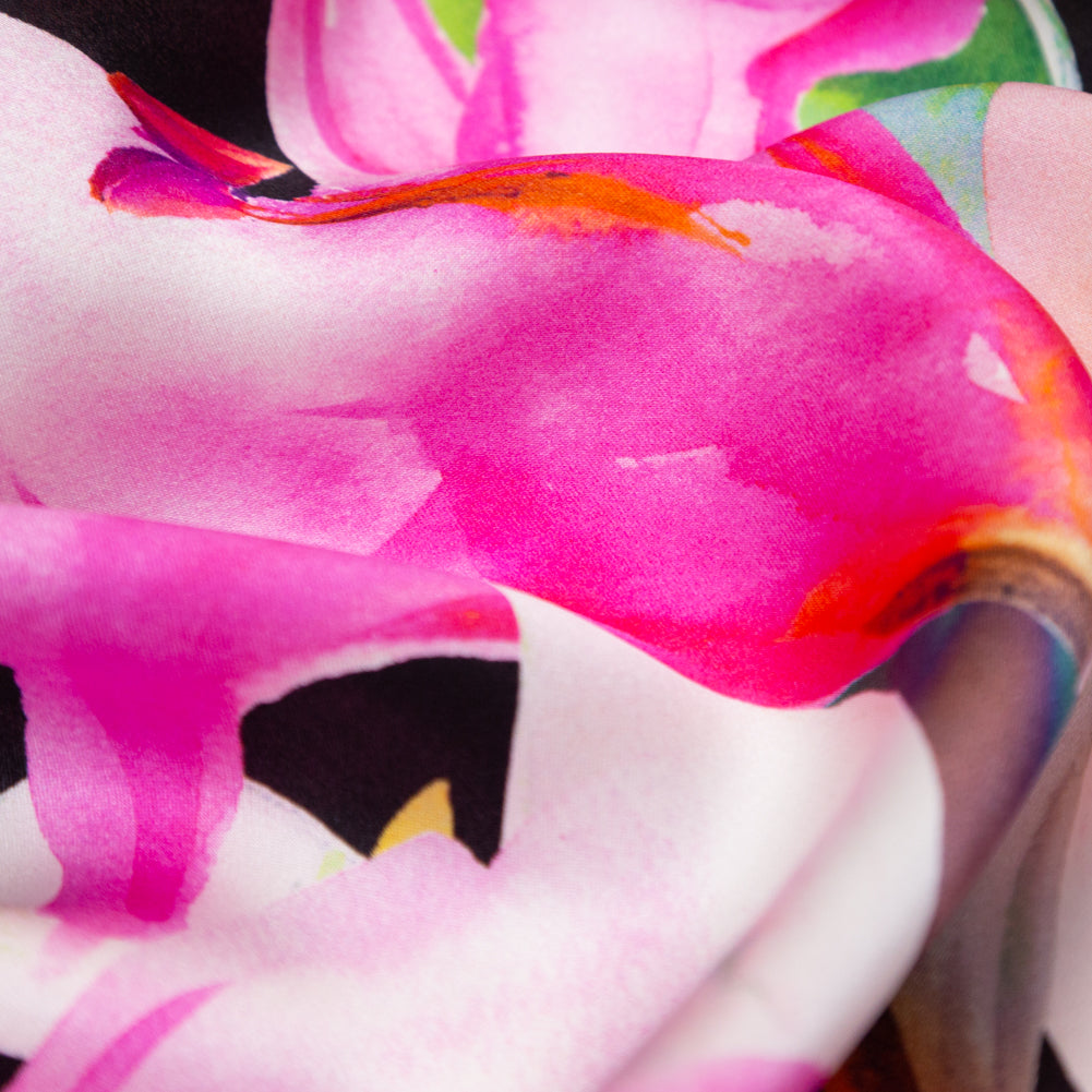 Italian Pink and Black Watercolor Floral Digitally Printed Silk Charmeuse - Full Italian Pink and Black Watercolor Floral Digitally Printed Silk Charmeuse - Full