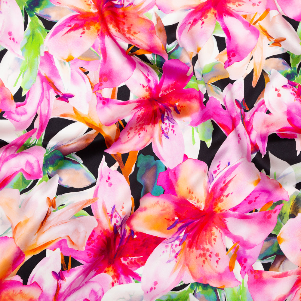 Italian Pink and Black Watercolor Floral Digitally Printed Silk Charmeuse Italian Pink and Black Watercolor Floral Digitally Printed Silk Charmeuse