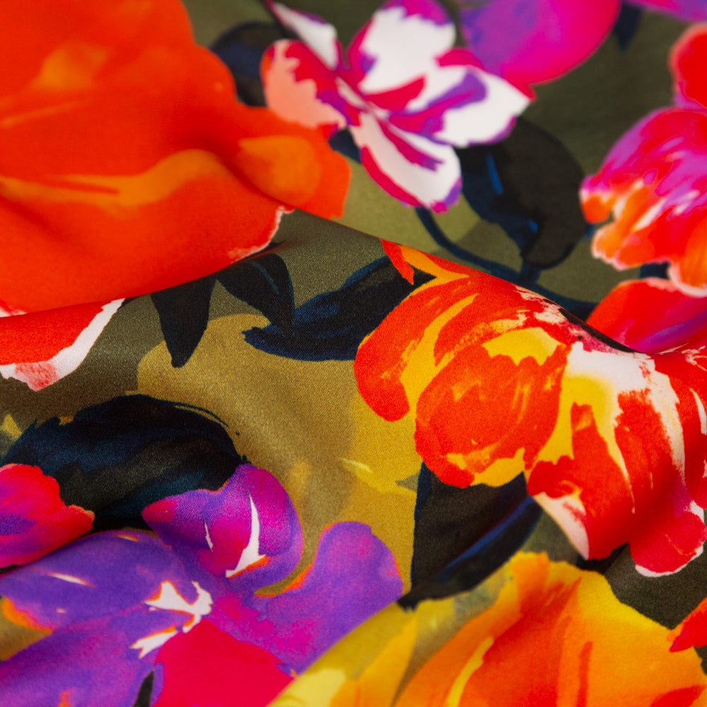 Italian Proper Pink and Tangy Orange Floral Digitally Printed Silk Charmeuse - Full Italian Proper Pink and Tangy Orange Floral Digitally Printed Silk Charmeuse - Full