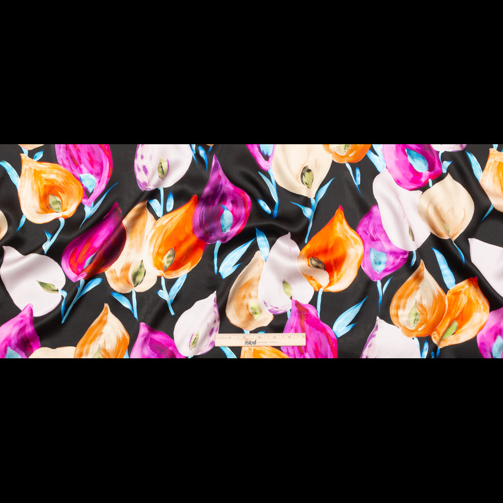 Mood Exclusive Italian Black, Pink and Orange Floral Digitally Printed Silk Charmeuse Folded Mood Exclusive Italian Black, Pink and Orange Floral Digitally Printed Silk Charmeuse Folded