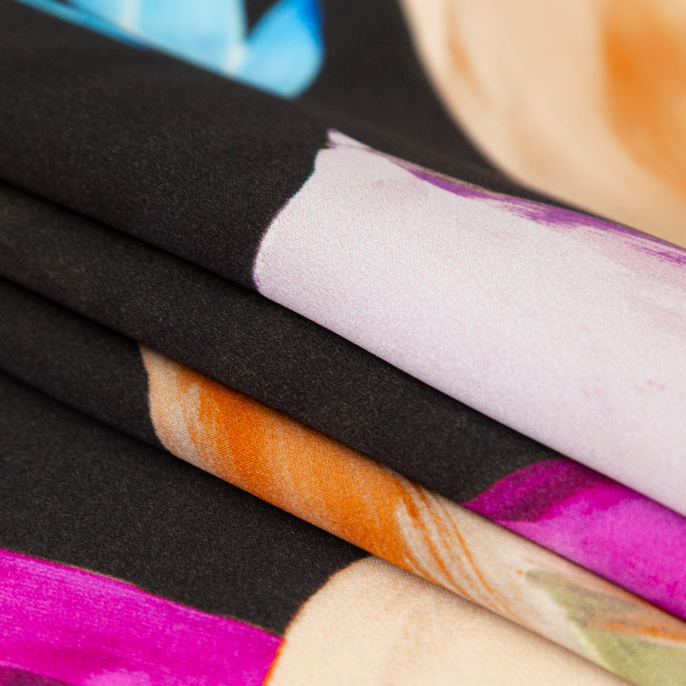 Mood Exclusive Italian Black, Pink and Orange Floral Digitally Printed Silk Charmeuse Detail Mood Exclusive Italian Black, Pink and Orange Floral Digitally Printed Silk Charmeuse Detail