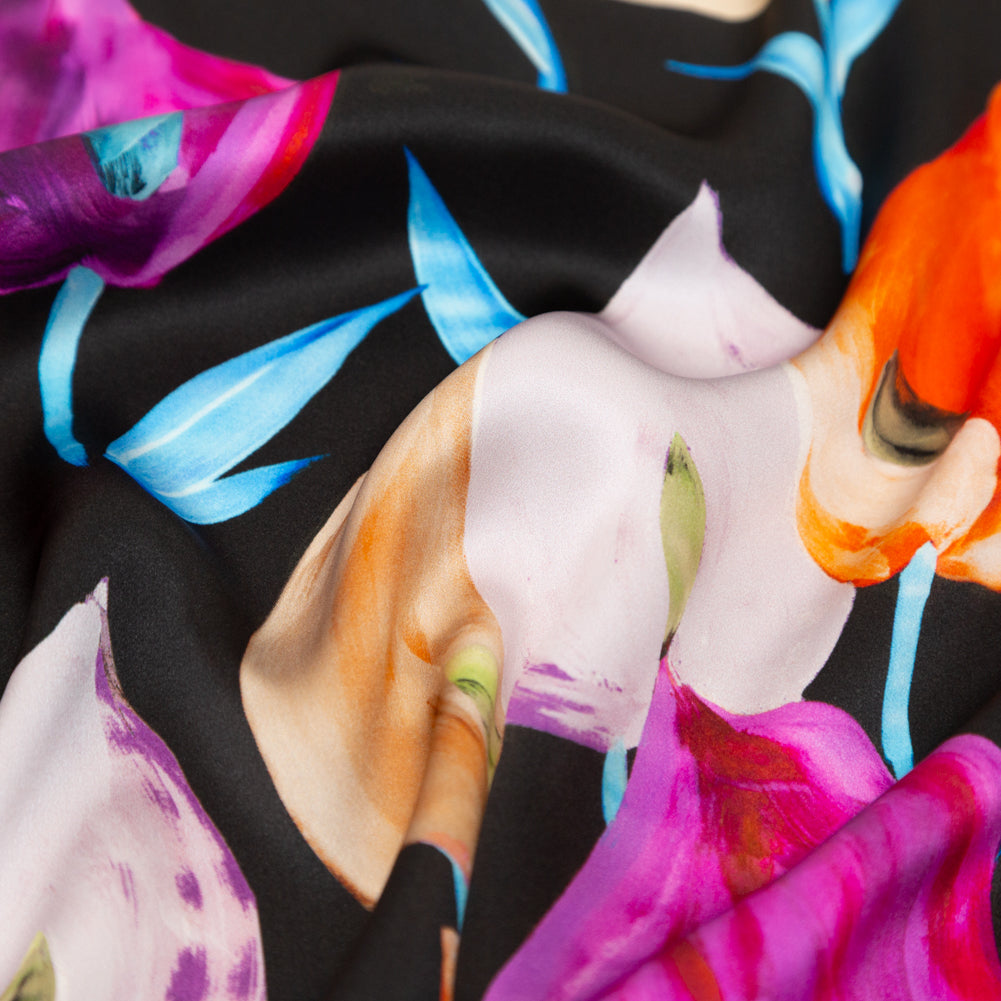 Mood Exclusive Italian Black, Pink and Orange Floral Digitally Printed Silk Charmeuse Full Mood Exclusive Italian Black, Pink and Orange Floral Digitally Printed Silk Charmeuse Full