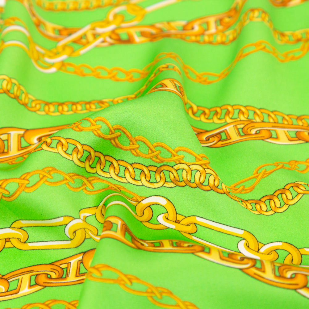 Mood Exclusive Italian Kelly Green and Gold Chains Digitally Printed Silk Charmeuse Detail Mood Exclusive Italian Kelly Green and Gold Chains Digitally Printed Silk Charmeuse Detail