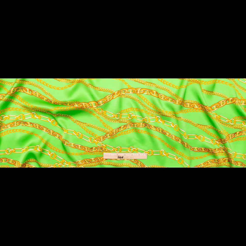 Mood Exclusive Italian Kelly Green and Gold Chains Digitally Printed Silk Charmeuse Full Mood Exclusive Italian Kelly Green and Gold Chains Digitally Printed Silk Charmeuse Full