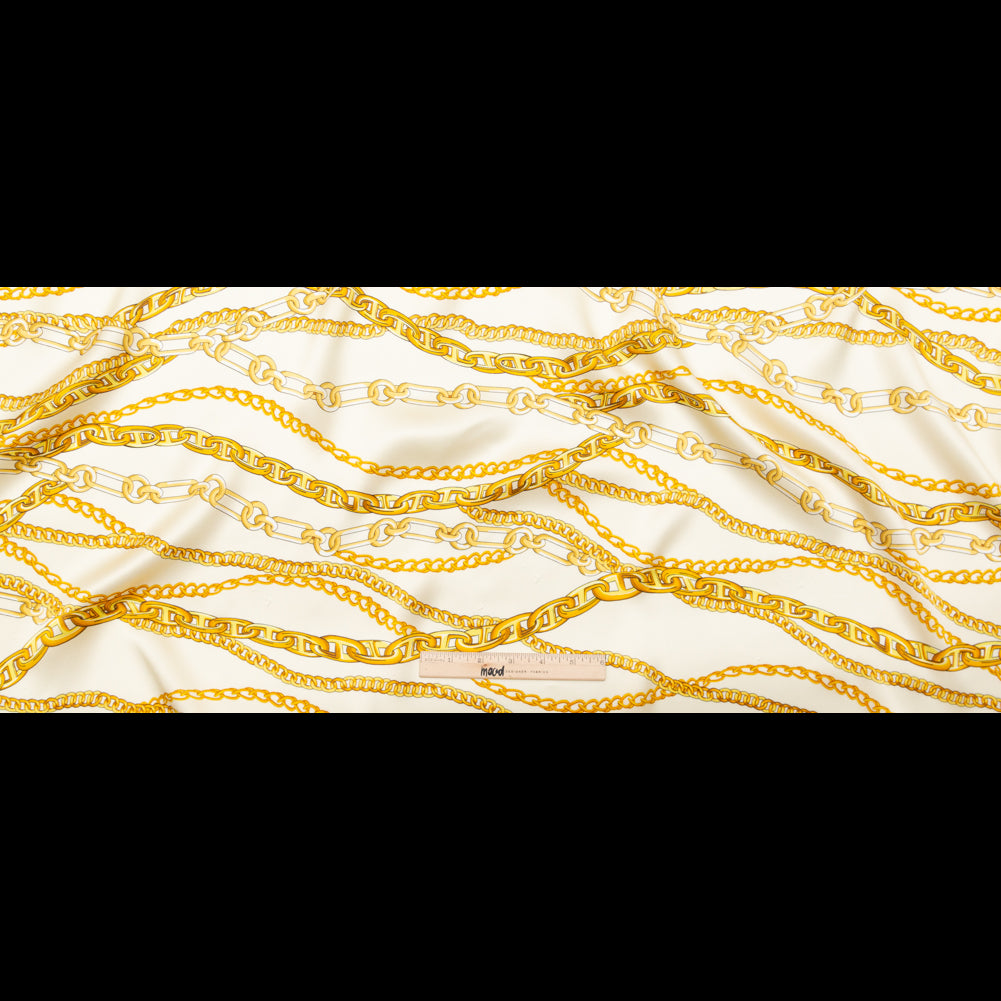 Italian Chino Green and Gold Chains Digitally Printed Silk Charmeuse - Folded Italian Chino Green and Gold Chains Digitally Printed Silk Charmeuse - Folded
