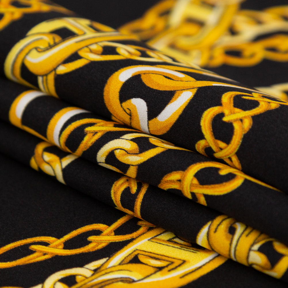 Italian Black Bean and Gold Chains Digitally Printed Silk Charmeuse - Detail Italian Black Bean and Gold Chains Digitally Printed Silk Charmeuse - Detail