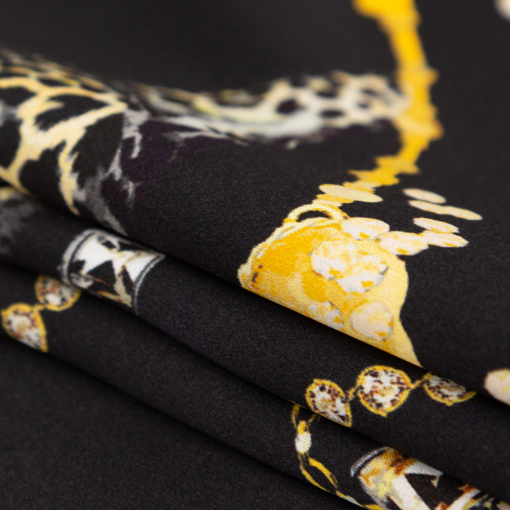 Italian Black and Gold Cheetahs and Gems Silk Charmeuse - Folded Italian Black and Gold Cheetahs and Gems Silk Charmeuse - Folded