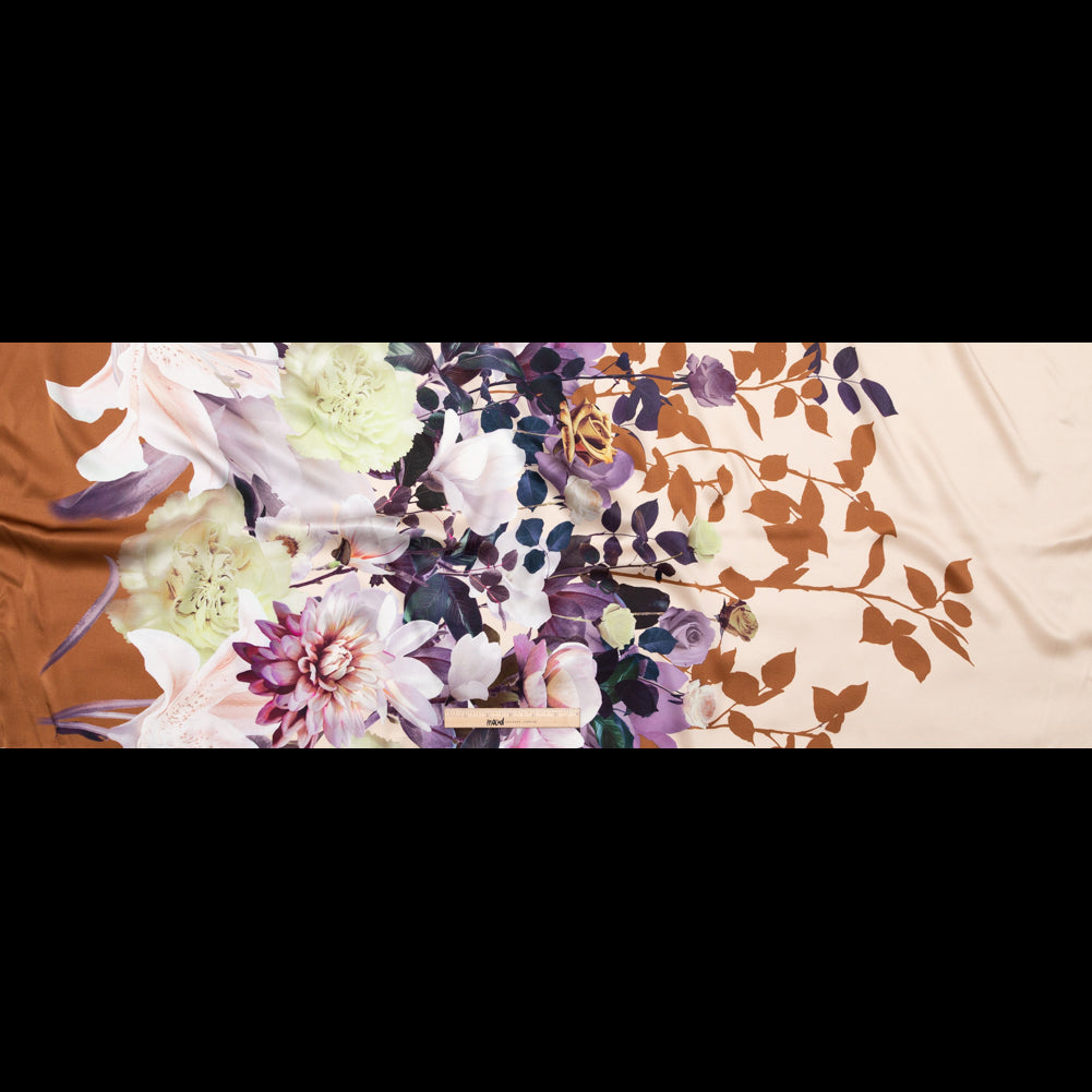 Mood Exclusive Italian Brown, Evening Rose and Mint Floral Border Digitally Printed Silk Charmeuse Full Mood Exclusive Italian Brown, Evening Rose and Mint Floral Border Digitally Printed Silk Charmeuse Full