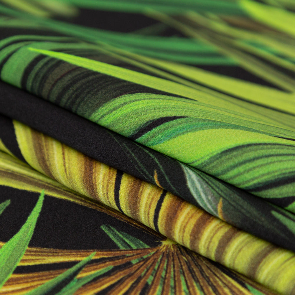 Italian Green and Black Palm Leaves Digitally Printed Silk Charmeuse Panel - Detail Italian Green and Black Palm Leaves Digitally Printed Silk Charmeuse Panel - Detail