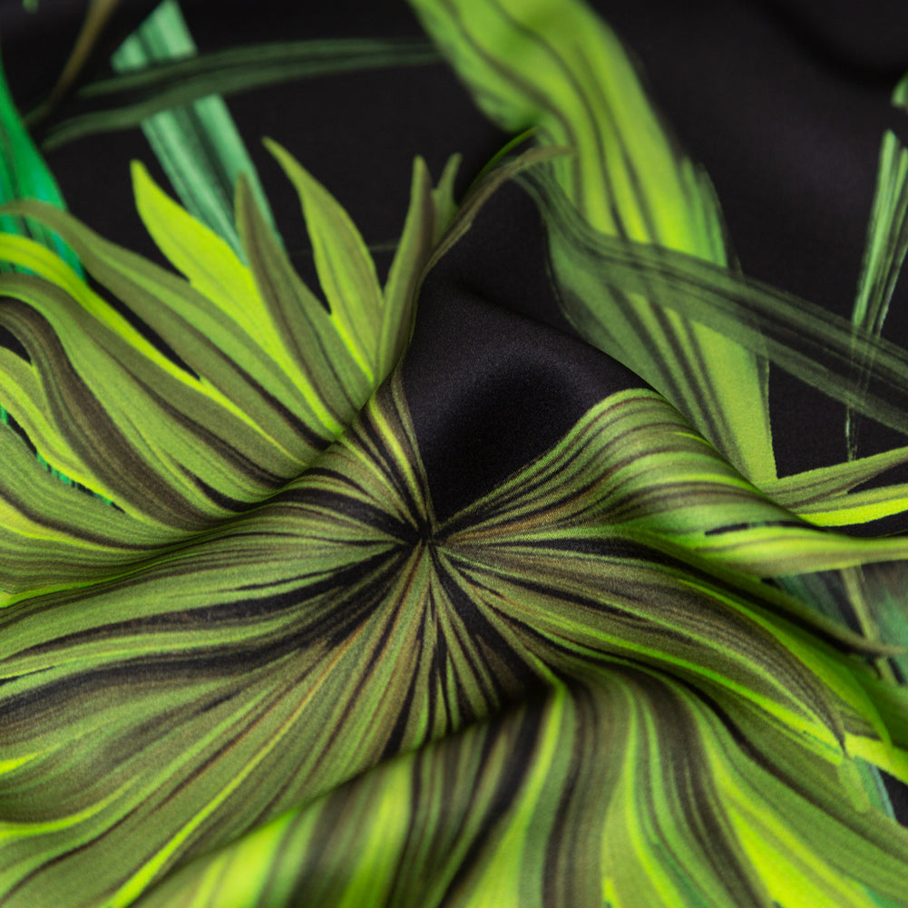 Italian Green and Black Palm Leaves Digitally Printed Silk Charmeuse Panel - Full Italian Green and Black Palm Leaves Digitally Printed Silk Charmeuse Panel - Full